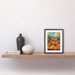"Artery8 Wall Art Print Farm House Halloween Pumpkin Patch Modern Folk Art Watercolour Painting Artwork Framed 9X7 Inch in Black - Size: W7"" x H9""" - thumbnail 2