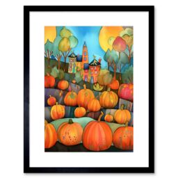 "Artery8 Wall Art Print Farm House Halloween Pumpkin Patch Modern Folk Art Watercolour Painting Artwork Framed 9X7 Inch in Black - Size: W7"" x H9""" - thumbnail 1