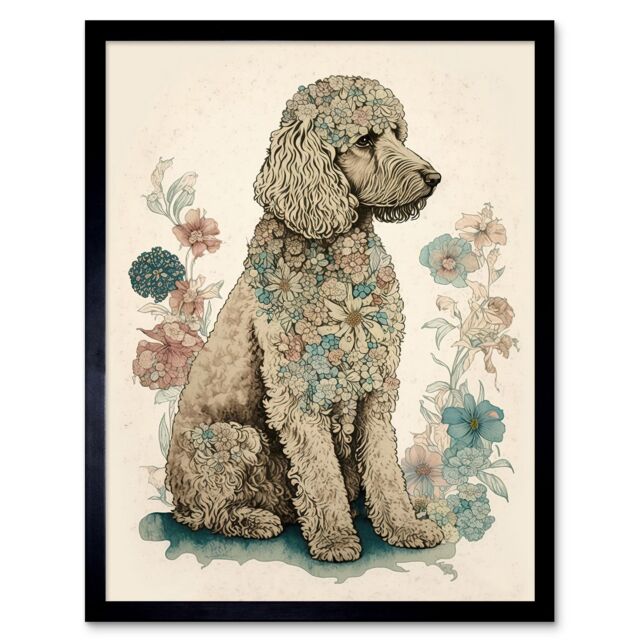 "Artery8 Wall Art Print Poodle Dog with Flower Fur Coat Modern Boho Watercolour Art Framed in Black - Size: W12"" x H16""" - image 1