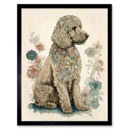 "Artery8 Wall Art Print Poodle Dog with Flower Fur Coat Modern Boho Watercolour Art Framed in Black - Size: W12"" x H16""" - thumbnail 1