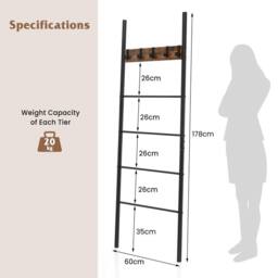 Costway 5-Tier Wooden Blanket Holder Rack Wall Leaning Ladder Shelf w/5 Hooks in Brown - thumbnail 2