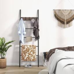 Costway 5-Tier Wooden Blanket Holder Rack Wall Leaning Ladder Shelf w/5 Hooks in Brown