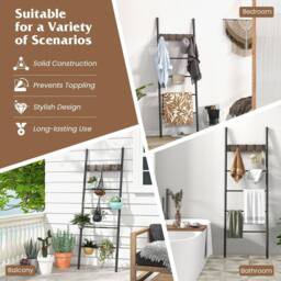 Costway 5-Tier Wooden Blanket Holder Rack Wall Leaning Ladder Shelf w/5 Hooks in Brown - thumbnail 9