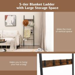 Costway 5-Tier Wooden Blanket Holder Rack Wall Leaning Ladder Shelf w/5 Hooks in Brown - thumbnail 7
