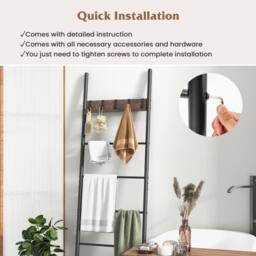 Costway 5-Tier Wooden Blanket Holder Rack Wall Leaning Ladder Shelf w/5 Hooks in Brown - thumbnail 8