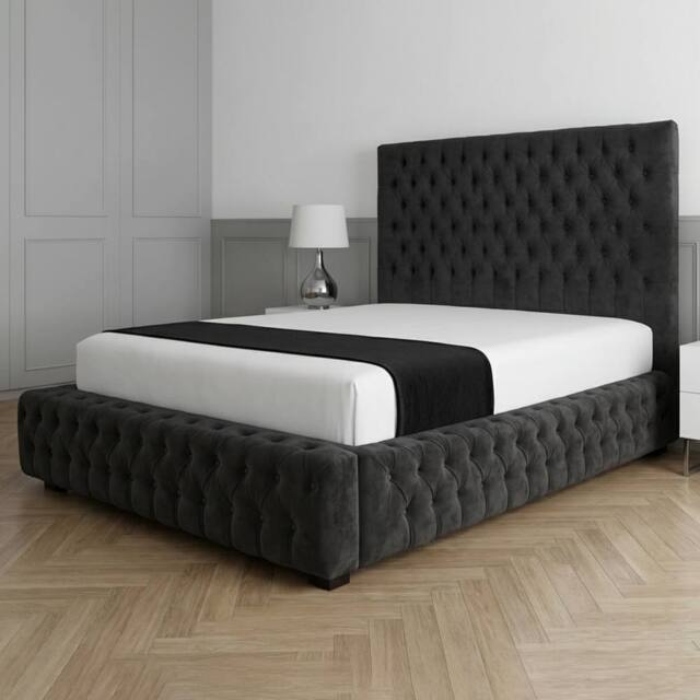 Living Comfort Bedz Countess Plush Velvet Upholstered Bed Slatted Base - 48Inch Headboard in Black - Size: Double - image 1