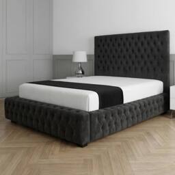 Living Comfort Bedz Countess Plush Velvet Upholstered Bed Slatted Base - 48Inch Headboard in Black - Size: Double - thumbnail 1
