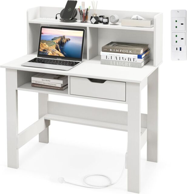 Gymax Desk With Power Outlets Type-C Writing Desk with Hutch & Drawer White - image 1