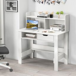 Gymax Desk With Power Outlets Type-C Writing Desk with Hutch & Drawer White - thumbnail 2