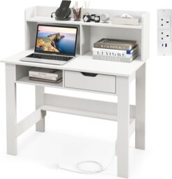 Gymax Desk With Power Outlets Type-C Writing Desk with Hutch & Drawer White - thumbnail 1