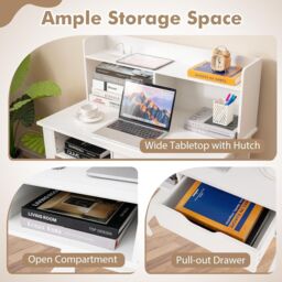 Gymax Desk With Power Outlets Type-C Writing Desk with Hutch & Drawer White - thumbnail 4