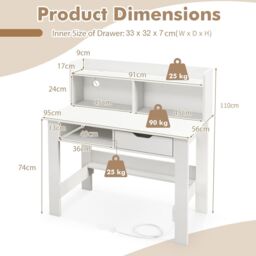 Gymax Desk With Power Outlets Type-C Writing Desk with Hutch & Drawer White - thumbnail 3