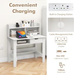 Gymax Desk With Power Outlets Type-C Writing Desk with Hutch & Drawer White - thumbnail 5
