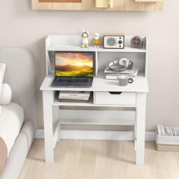 Gymax Desk With Power Outlets Type-C Writing Desk with Hutch & Drawer White - thumbnail 6