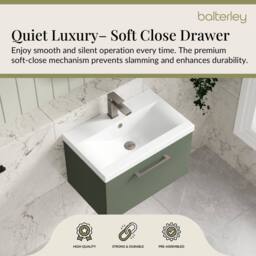 Balterley 600mm Wall Hung 1 Drawer Vanity Basin Unit, Satin Green, Pewter Handle in Green - thumbnail 3
