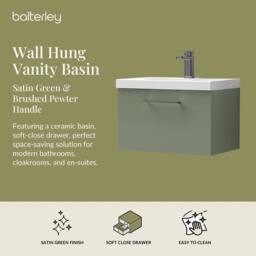 Balterley 600mm Wall Hung 1 Drawer Vanity Basin Unit, Satin Green, Pewter Handle in Green - thumbnail 2