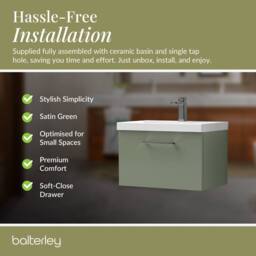 Balterley 600mm Wall Hung 1 Drawer Vanity Basin Unit, Satin Green, Pewter Handle in Green - thumbnail 4