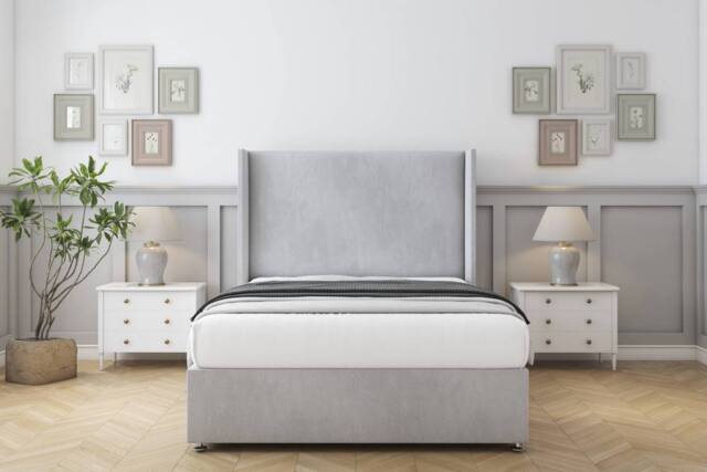 "Sloomy Devonshire Naples Divan Base No Drawers - 54"" Wingback Headboard in Silver - Size: Small Single" - image 1