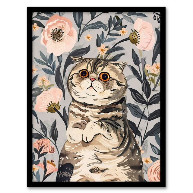 "Artery8 Cat Lover Cute Scottish Fold with Pink Poppies Framed Wall Art in Blue - Size: W12"" x H16""" - image 1