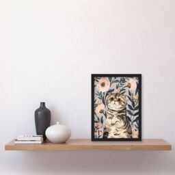 "Artery8 Cat Lover Cute Scottish Fold with Pink Poppies Framed Wall Art in Blue - Size: W12"" x H16""" - thumbnail 4