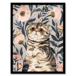 "Artery8 Cat Lover Cute Scottish Fold with Pink Poppies Framed Wall Art in Blue - Size: W12"" x H16""" - thumbnail 1