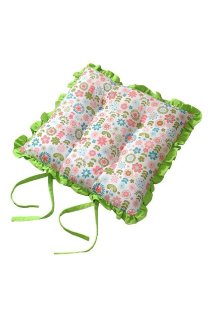 Homescapes Reversible Green Frilled Cushion Seat Pad with Ties Retro Flower - Size: 40 cm x 40 cm - image 1