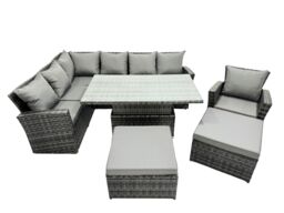 Fimous Poly Rattan Outdoor Patio Corner Sofa Set with 2 Big Stool, Chair in Dark Grey - thumbnail 1