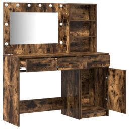 Berkfield Home 2 Piece Dressing Table Set with LED Smoked Oak Engineered Wood in Brown - thumbnail 6