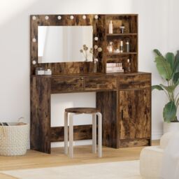 Berkfield Home 2 Piece Dressing Table Set with LED Smoked Oak Engineered Wood in Brown