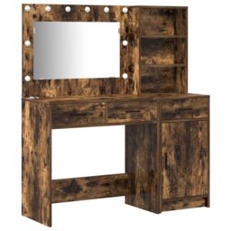 Berkfield Home 2 Piece Dressing Table Set with LED Smoked Oak Engineered Wood in Brown - thumbnail 2