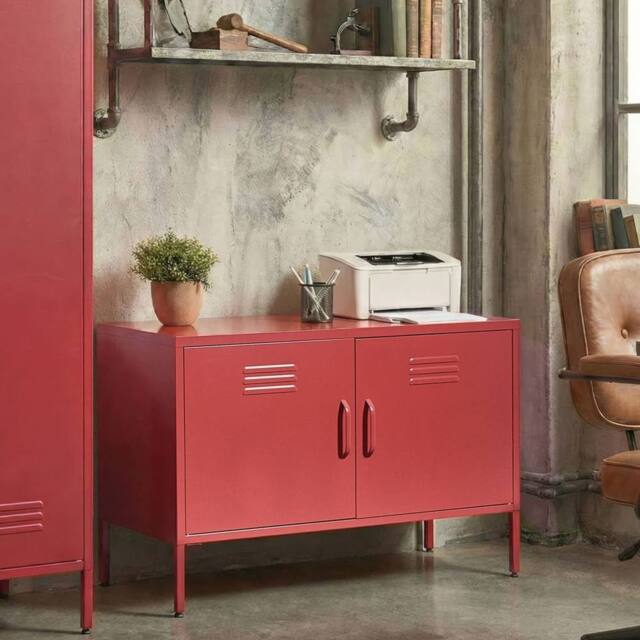 Wyld and Coco Red Steel 2-Door Industrial Sideboard for Home Office Storage - image 1