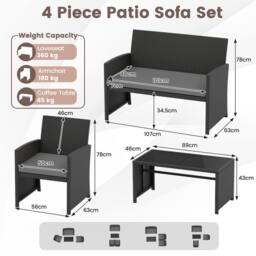 Costway 4PCS Patio Rattan Conversation Set Wicker Furniture Set W/Cushions in Grey - thumbnail 2