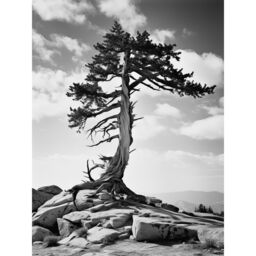 "Artery8 Wall Art Print Weathered Jeffrey Pine Standing on a Rocky Hill Black & White Photograph Lone Tree Poster in Grey - Size: W24"" x H32""" - thumbnail 1