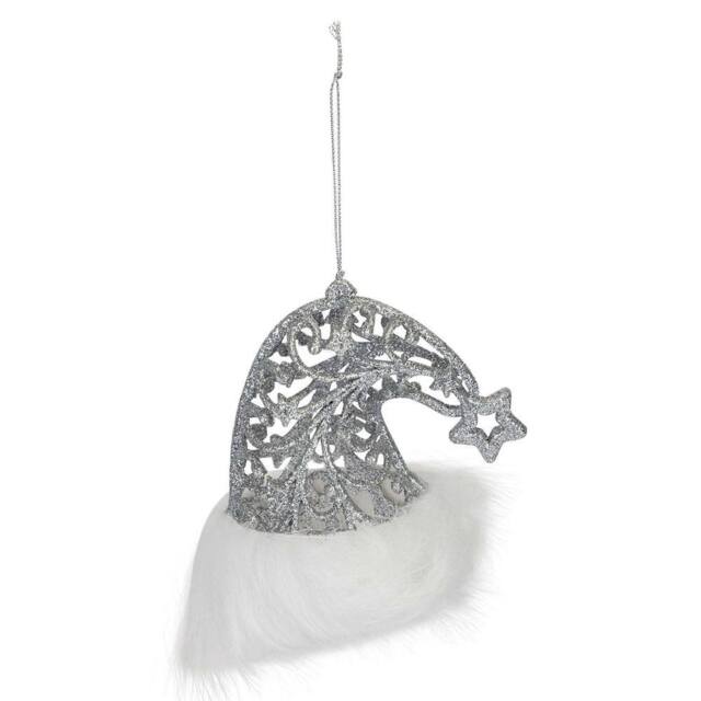 VFM e-Store Christmas Glitter Santa Hat Hanging Decoration 11cm x 10cm Silver X 1 - Size: 11 cm x 10 cm - image 1