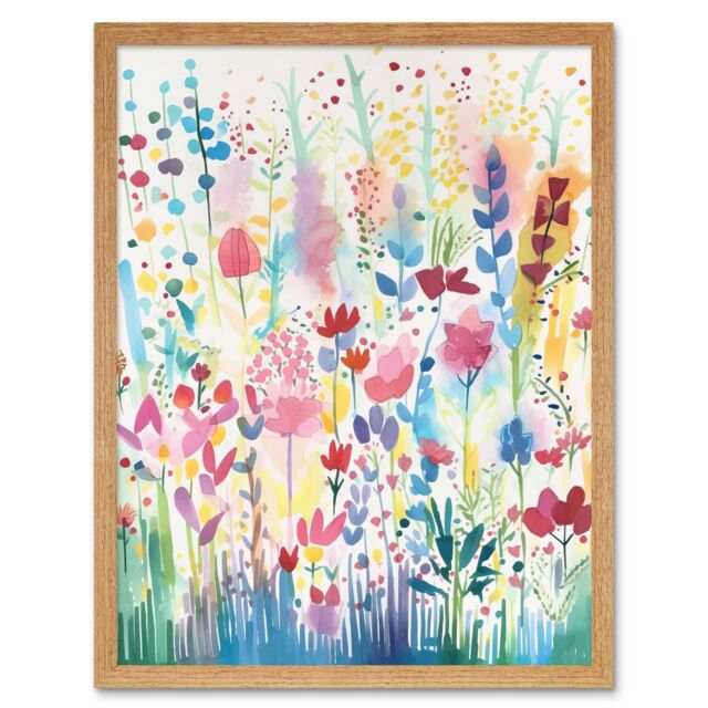 "Artery8 Wall Art Print Soft Pastel Wildflower Floral Folk Art Framed in Light Oak - Size: W12"" x H16""" - image 1