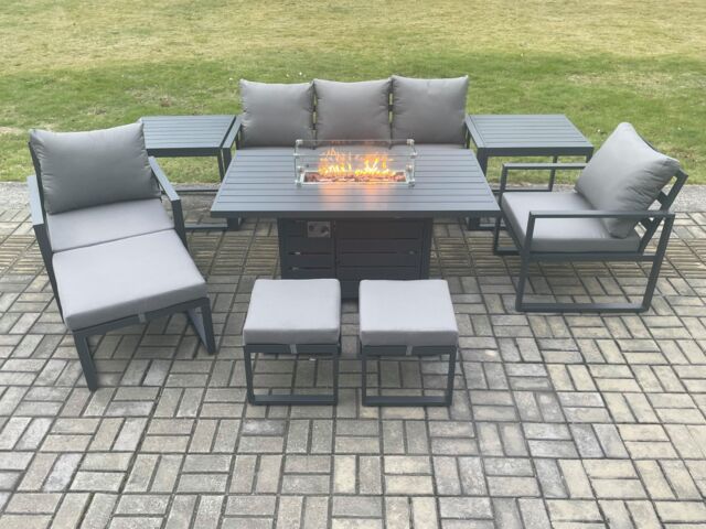 Fimous Aluminium Patio Outdoor Garden Furniture Lounge Sofa Set Gas Fire Pit Dining Table with 2 Side Tables 3 Footstools Dark Grey - image 1