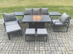 Fimous Aluminium Patio Outdoor Garden Furniture Lounge Sofa Set Gas Fire Pit Dining Table with 2 Side Tables 3 Footstools Dark Grey - thumbnail 1