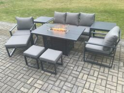 Fimous Aluminium Patio Outdoor Garden Furniture Lounge Sofa Set Gas Fire Pit Dining Table with 2 Side Tables 3 Footstools Dark Grey - thumbnail 2