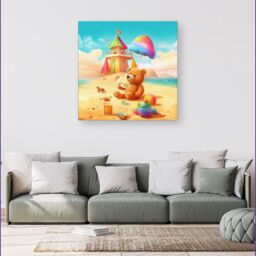 Warren Reed - Designer Bear On A Beach Holiday Canvas in Yellow - Size: w10 inch x h10 inch - thumbnail 4