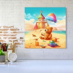 Warren Reed - Designer Bear On A Beach Holiday Canvas in Yellow - Size: w10 inch x h10 inch - thumbnail 2
