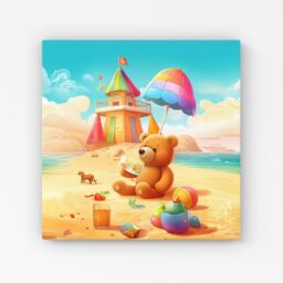 Warren Reed - Designer Bear On A Beach Holiday Canvas in Yellow - Size: w10 inch x h10 inch - thumbnail 1