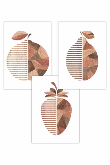 ARTZE Set of 3 Geometric Fruit in Wood Grain Effect Art Posters in Walnut - Size: W59 cm x H84 cm - image 1