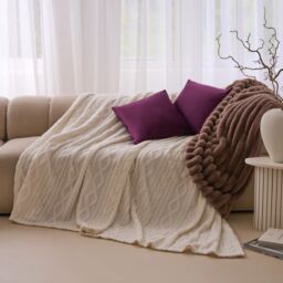 OHS Cable Knit Design Fleece Throw Ultra Soft Fluffy Blanket for Family in Cream - Size: 230 cm x 270 cm - thumbnail 2