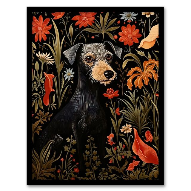 "Artery8 Black Irish Terrier Dog On Elegant Floral Backdrop William Morris Style Pattern Artwork Art Print Framed Poster Wall Decor - Size: W12"" x H16""" - image 1