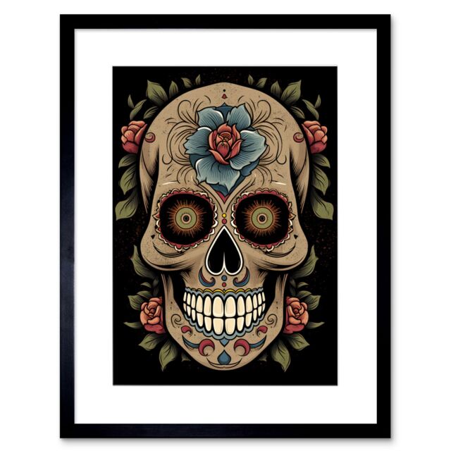 "Artery8 Wall Art Print Old School USA Tattoo Ink Body Art Day Dead Skull Rockabilly Americana 50s Artwork Framed 9X7 Inch in Black - Size: W7"" x H9""" - image 1