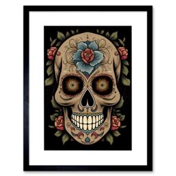 "Artery8 Wall Art Print Old School USA Tattoo Ink Body Art Day Dead Skull Rockabilly Americana 50s Artwork Framed 9X7 Inch in Black - Size: W7"" x H9""" - thumbnail 1
