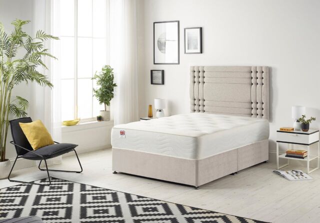 Somnior Flexby Plush Fabric Divan Bed with Orthopeadic Sprung Memory Foam Mattress & Headboard in Stone - Size: Super King - image 1