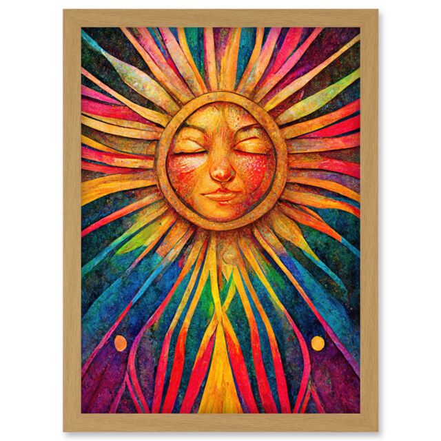 Artery8 Multicoloured Sun Rainbow Spiritual Artwork Framed Wall Art Print A4 in Light Oak - image 1