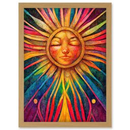 Artery8 Multicoloured Sun Rainbow Spiritual Artwork Framed Wall Art Print A4 in Light Oak - thumbnail 1