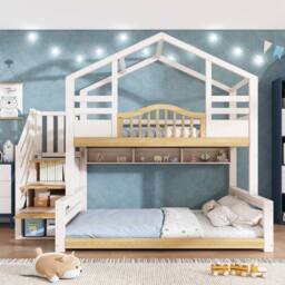 STILVORA Bed Frame 3ft Single with storage white & natural - Size: Junior - thumbnail 2